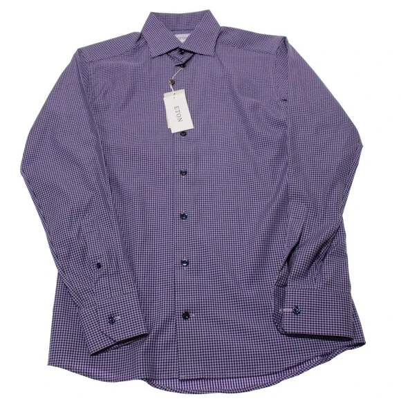 Eton NWT Casual Button Down Shirt Size 38 15 S Slim Fit in Purple/Blue Check